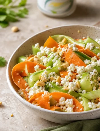 Insalata con feta, quinoa, cetrioli e carote a nastri