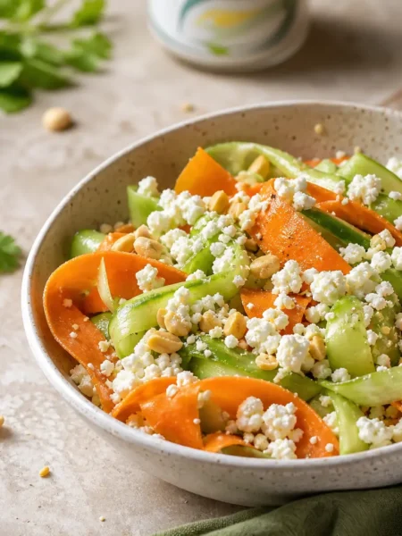 Insalata con feta, quinoa, cetrioli e carote a nastri