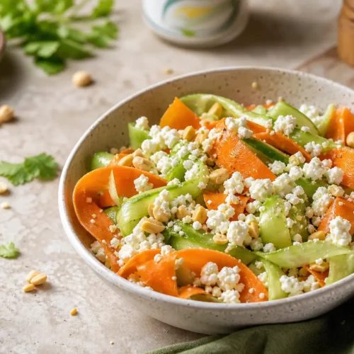 Insalata con feta, cetrioli e carote a nastri