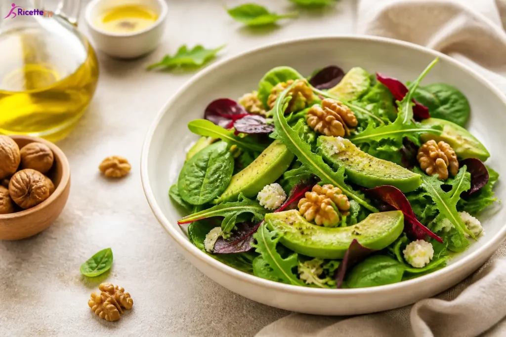 Insalata fit con avocado, noci, feta e foglie verdi