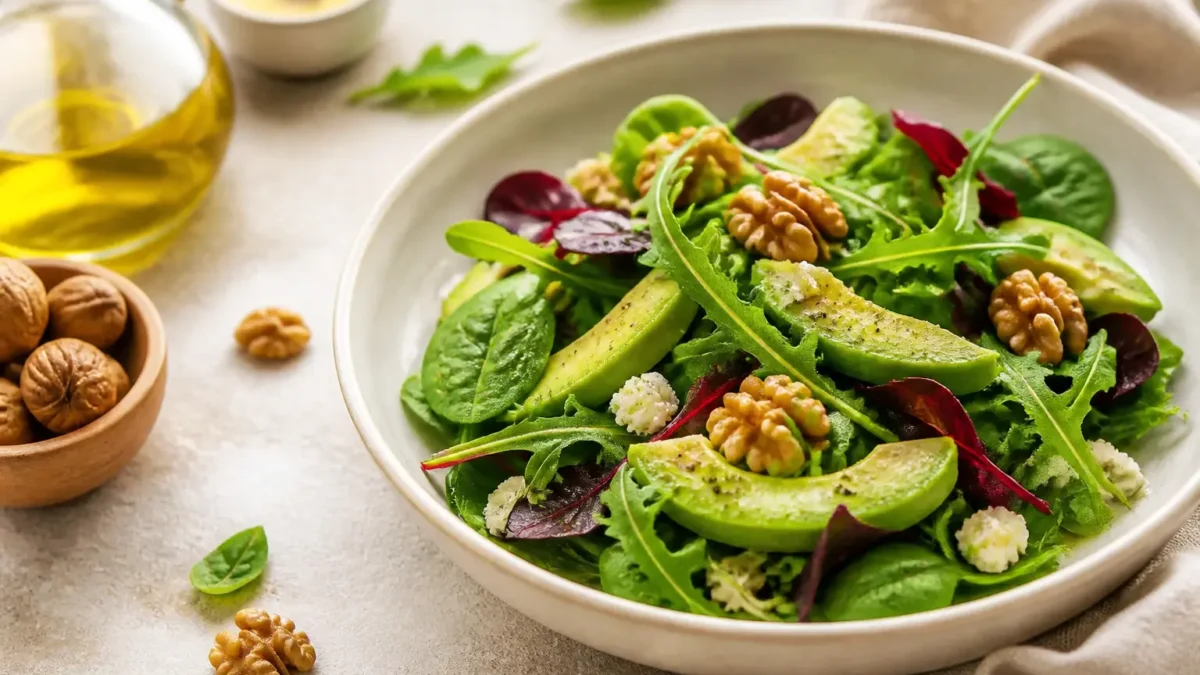 Insalata fit con avocado, noci, feta e foglie verdi