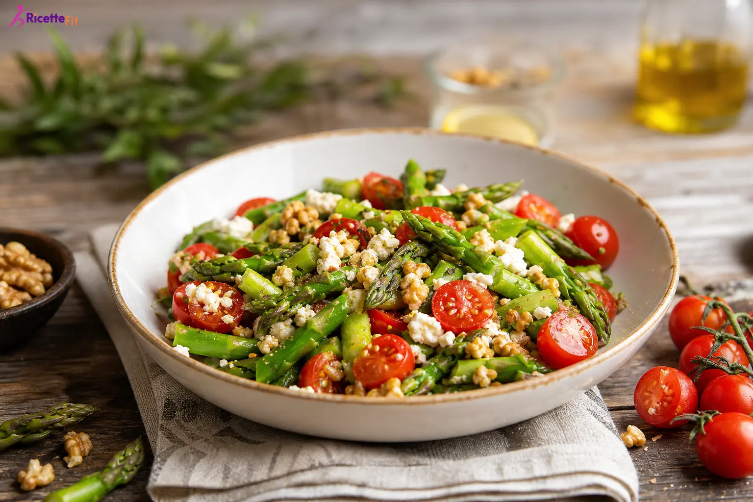 Insalata di asparagi con feta, pomodorini e noci