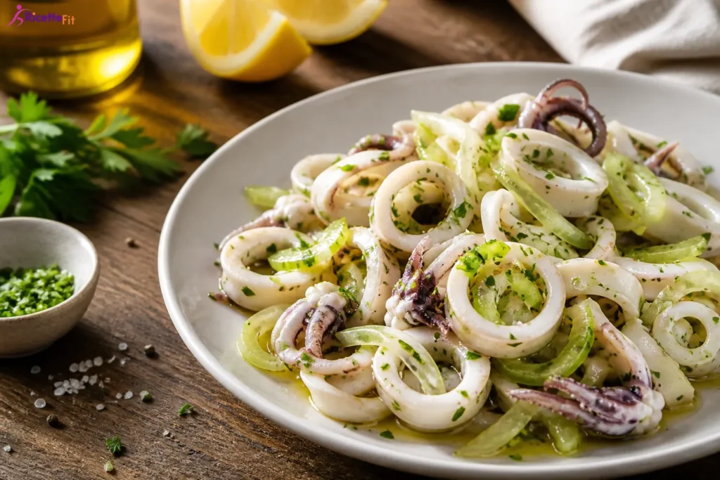 Insalata di calamari al vino bianco e limone con sedano e prezzemolo