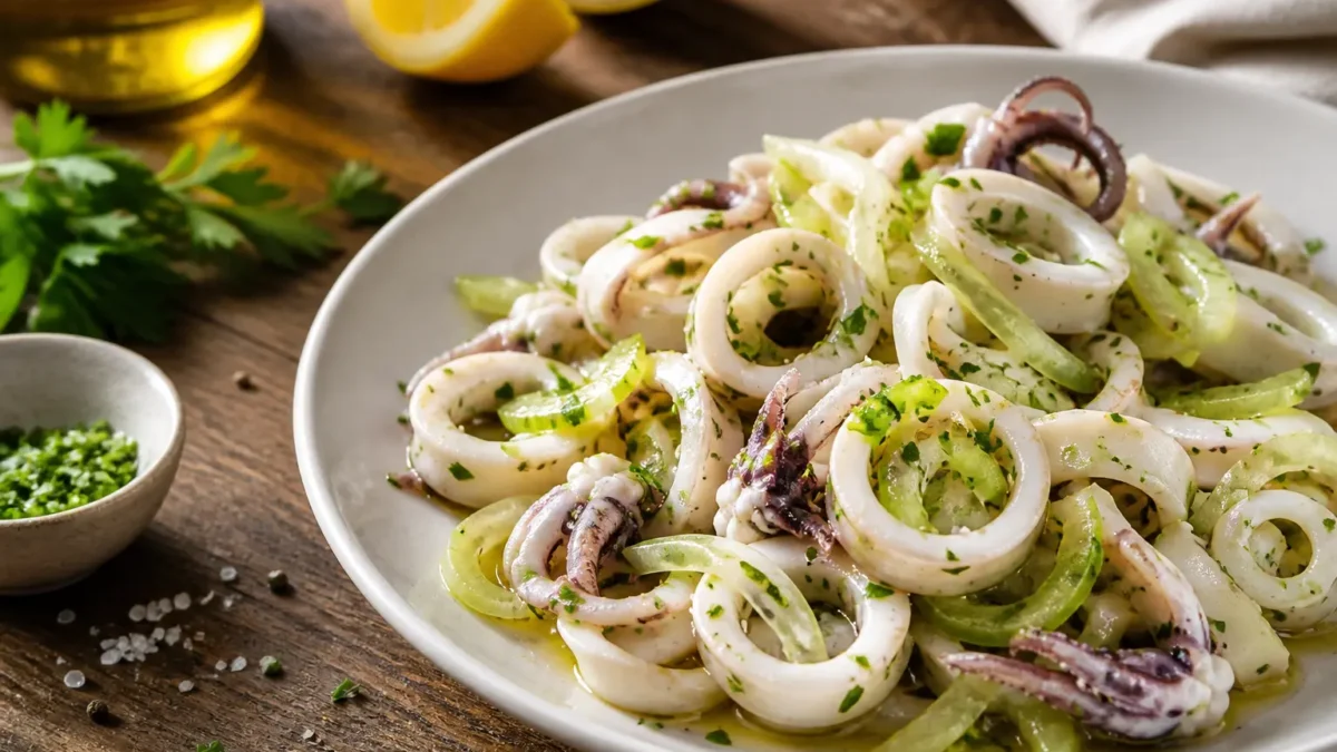 Insalata di calamari al vino bianco e limone con sedano e prezzemolo