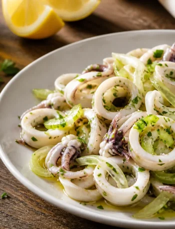 Insalata di calamari al vino bianco e limone con sedano e prezzemolo