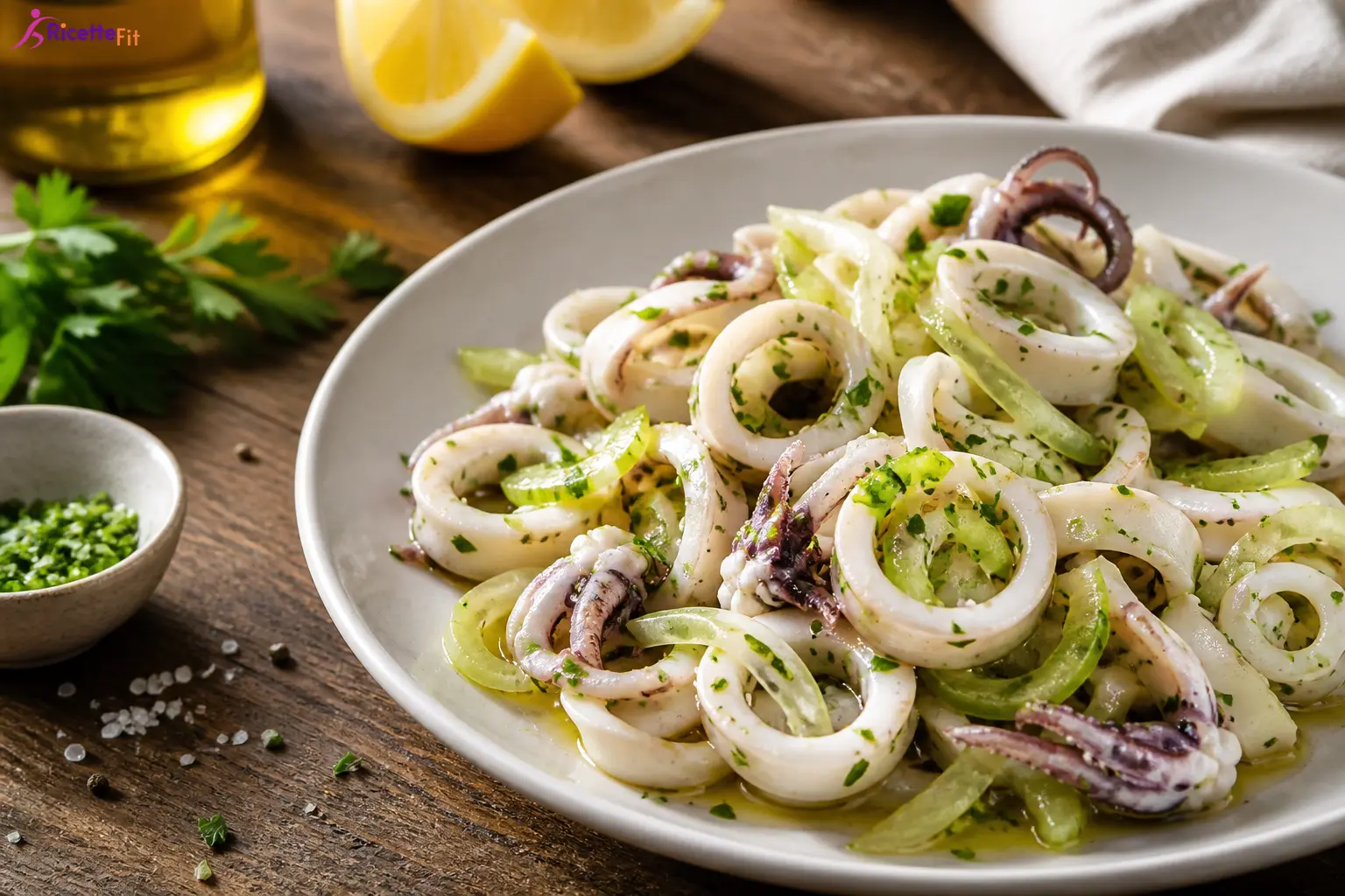 Insalata di calamari al vino bianco e limone con sedano e prezzemolo