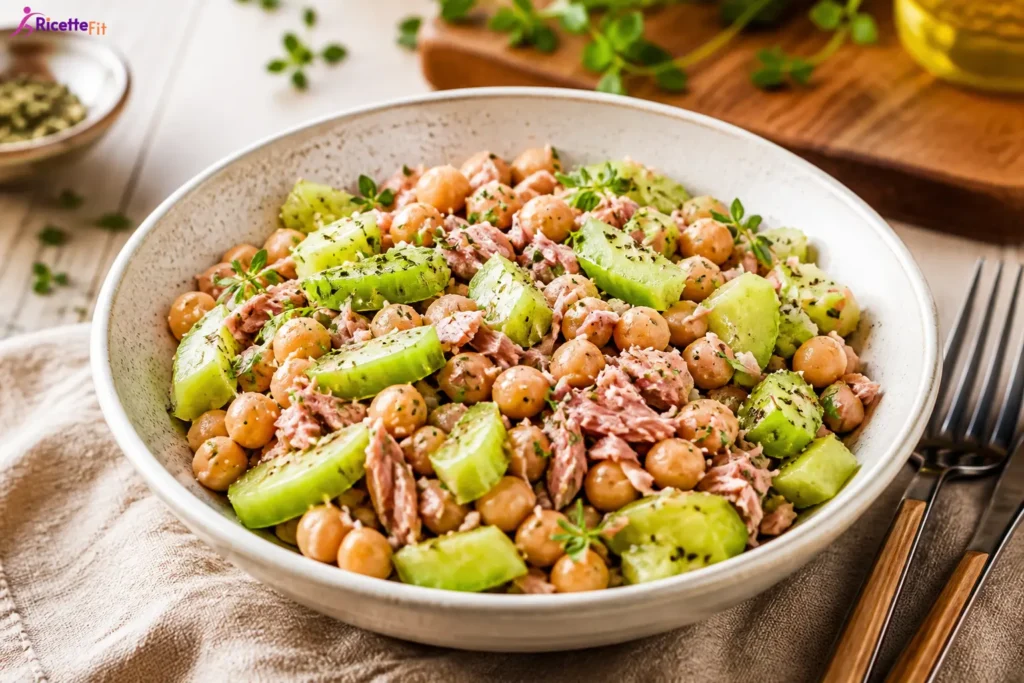 Insalata di ceci, tonno e zucchine in ciotola con erbe aromatiche