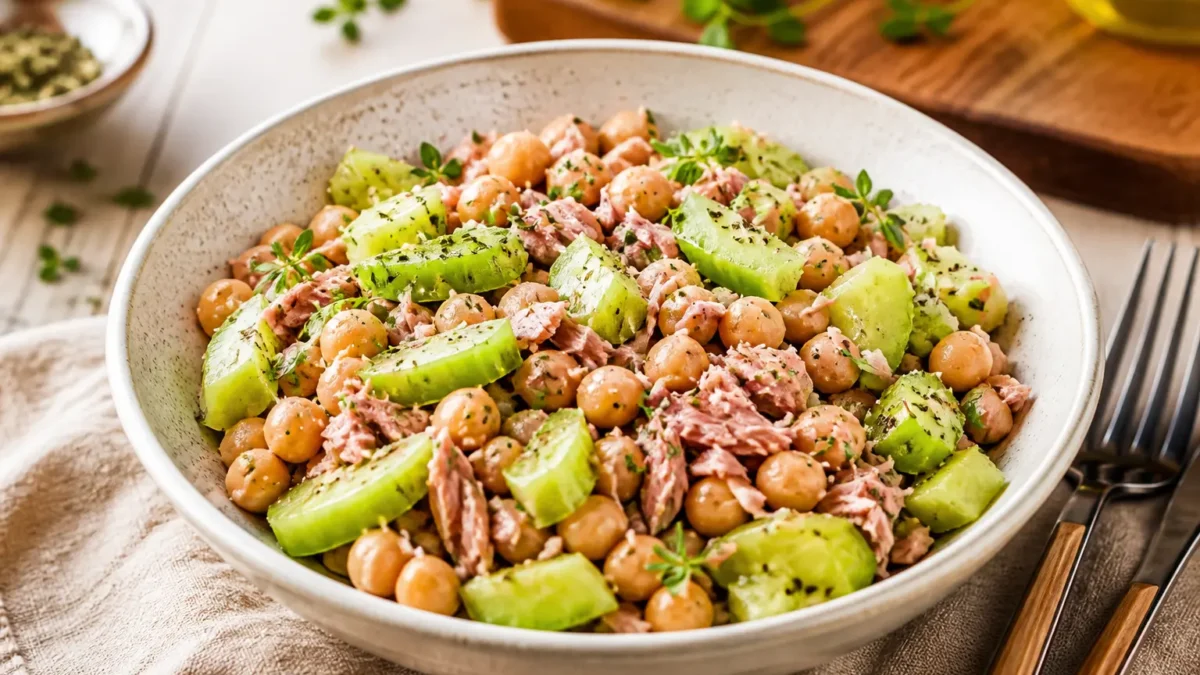 Insalata di ceci, tonno e zucchine in ciotola con erbe aromatiche