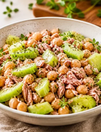 Insalata di ceci, tonno e zucchine in ciotola con erbe aromatiche