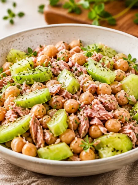 Insalata di ceci, tonno e zucchine in ciotola con erbe aromatiche