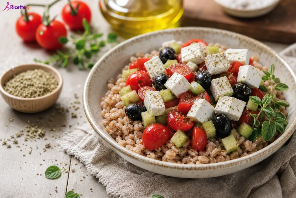 Insalata di farro con feta, olive nere, pomodorini e cetriolo
