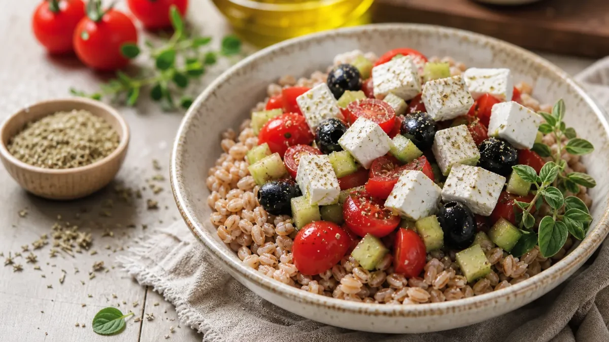 Insalata di farro con feta, olive nere, pomodorini e cetriolo