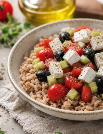 Insalata di farro con feta, olive nere, pomodorini e cetriolo