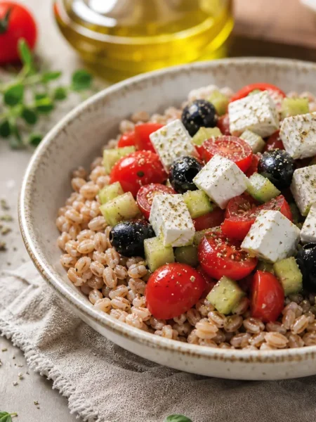 Insalata di farro con feta, olive nere, pomodorini e cetriolo