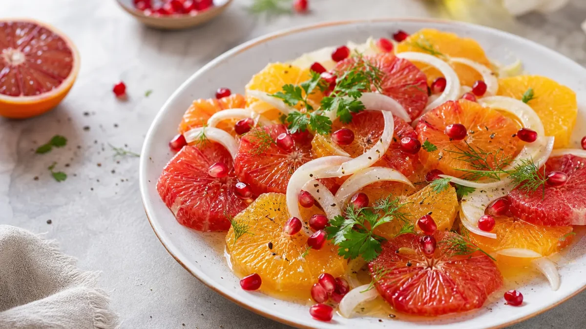 Insalata di finocchi agrumati con arance, pompelmo rosa e melograno