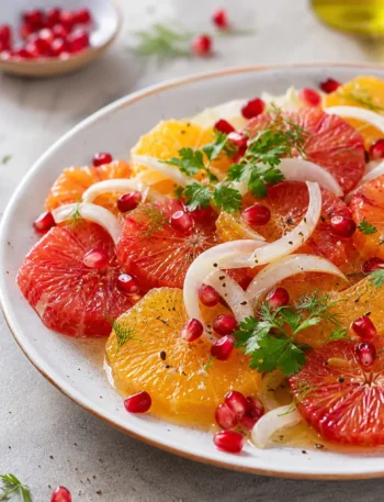 Insalata di finocchi agrumati con arance, pompelmo rosa e melograno