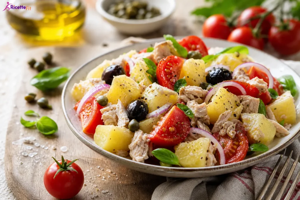 Insalata di patate eoliana fit con tonno, pomodorini, olive nere, capperi e basilico