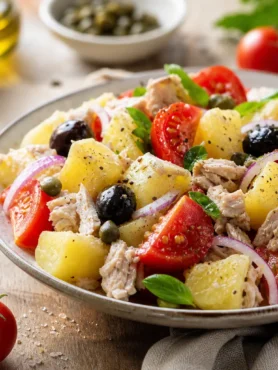 Insalata di patate eoliana fit con tonno, pomodorini, olive nere, capperi e basilico
