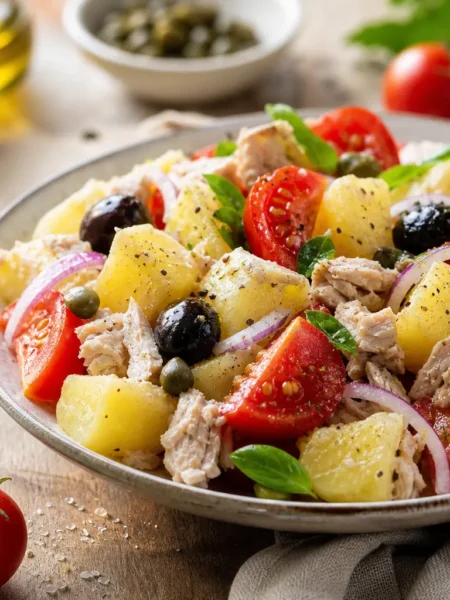 Insalata di patate eoliana fit con tonno, pomodorini, olive nere, capperi e basilico