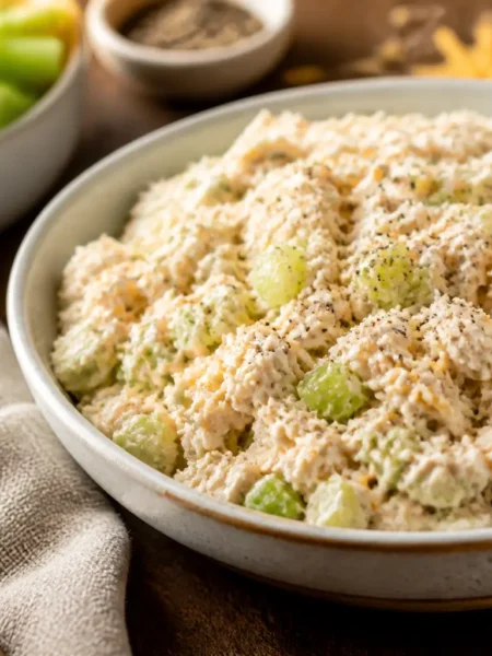 Insalata di pollo allo yogurt greco con sedano croccante e pepe nero