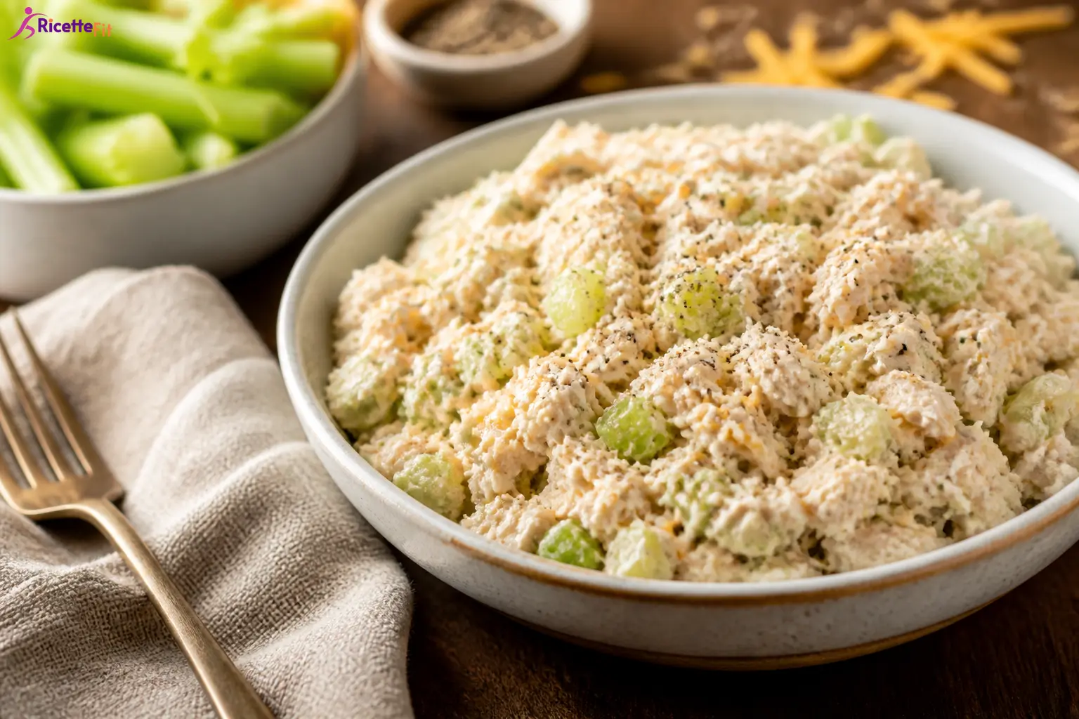 Insalata di pollo allo yogurt greco con sedano croccante e pepe nero