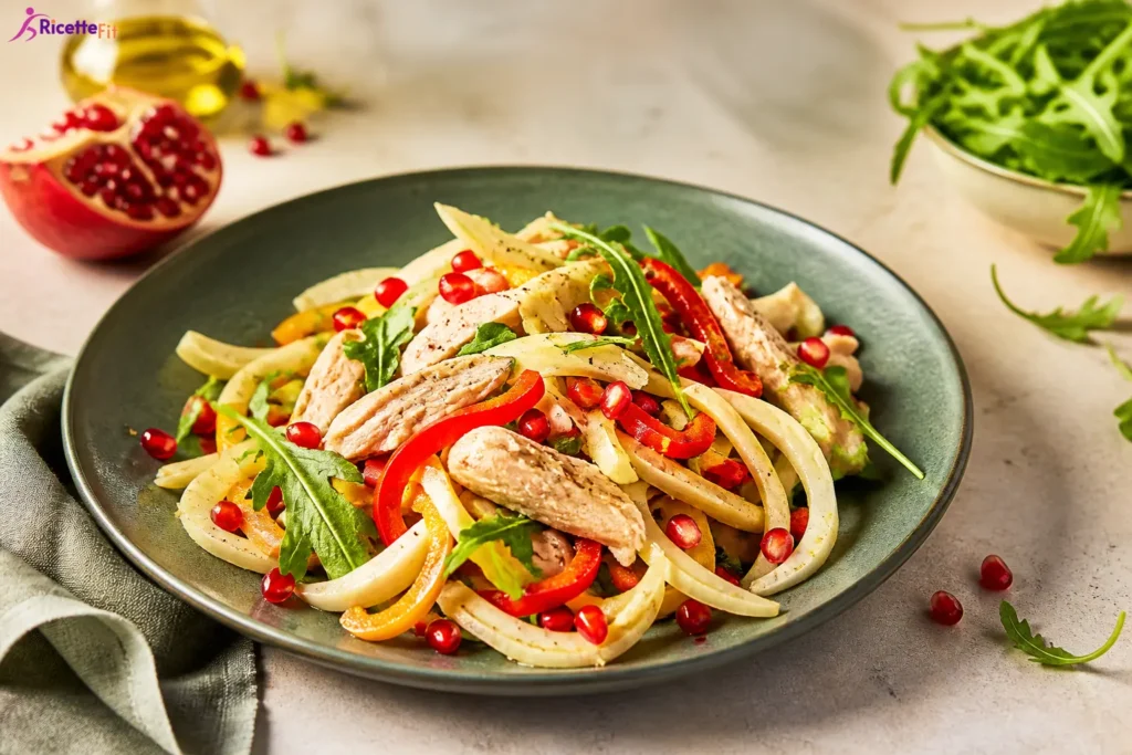 Insalata di pollo fit con finocchio, peperoni, rucola e melagrana