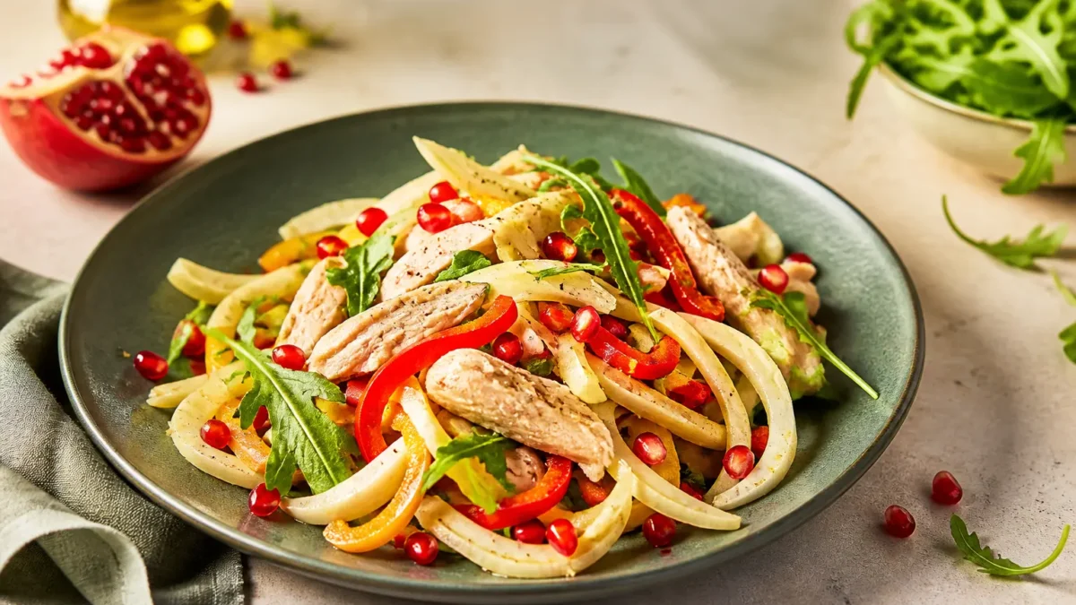 Insalata di pollo fit con finocchio, peperoni, rucola e melagrana