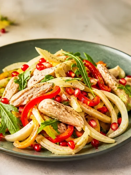 Insalata di pollo fit con finocchio, peperoni, rucola e melagrana