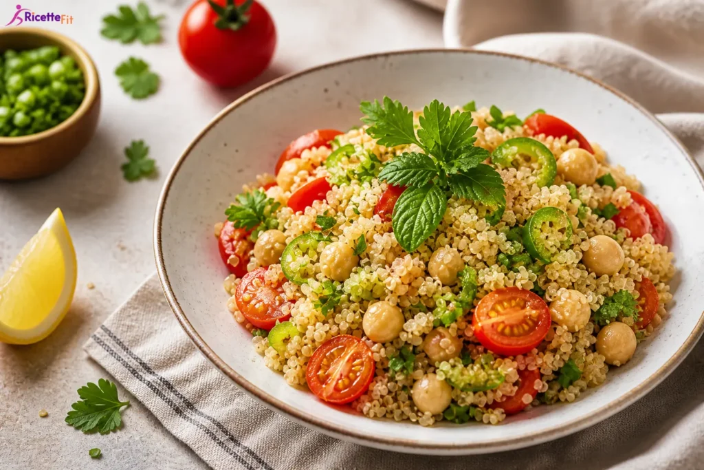 Insalata di quinoa con ceci, pomodorini, erbe fresche e limone
