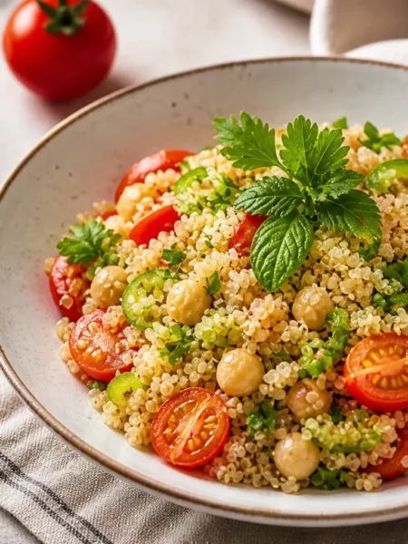 Insalata di quinoa con ceci, pomodorini, erbe fresche e limone
