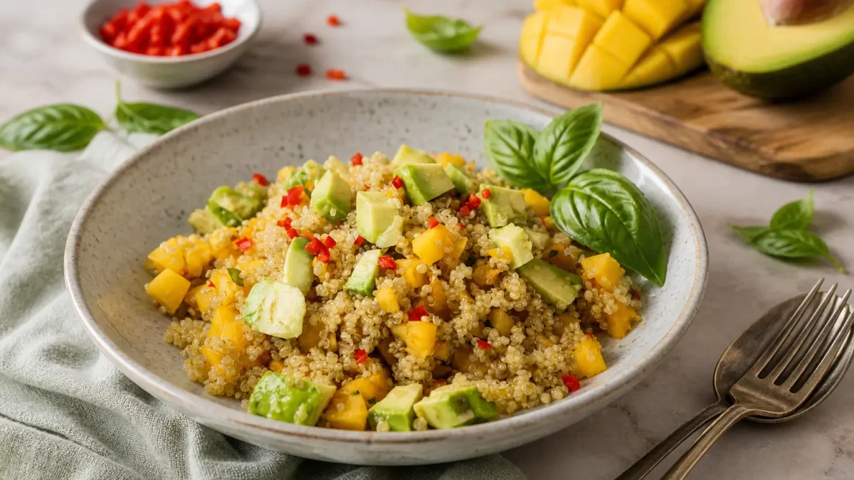 Insalata di quinoa con mango, avocado, lime e peperoncino fresco