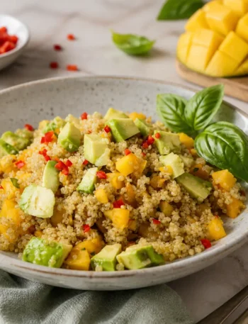 Insalata di quinoa con mango, avocado, lime e peperoncino fresco