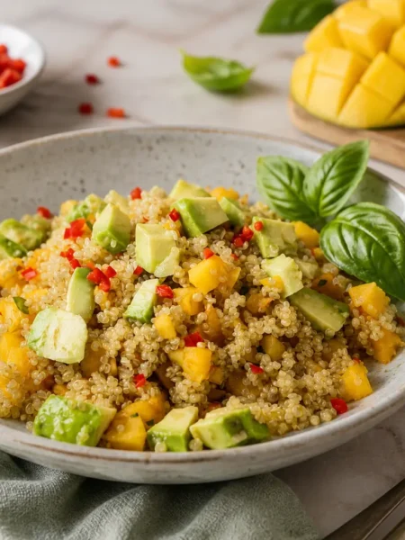 Insalata di quinoa con mango, avocado, lime e peperoncino fresco