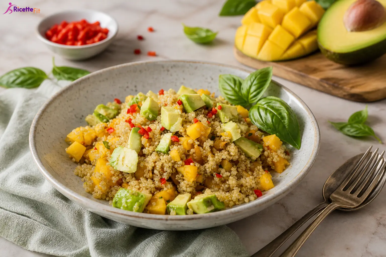 Insalata di quinoa con mango, avocado, lime e peperoncino fresco