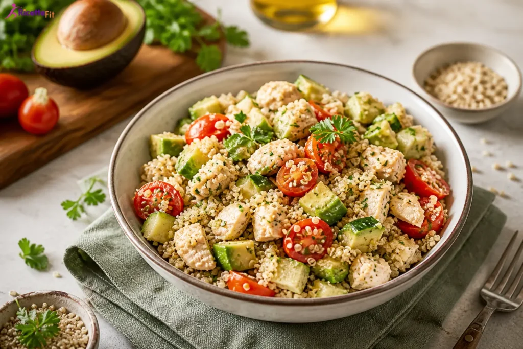 Insalata di quinoa con pollo, avocado, pomodorini e cetriolo