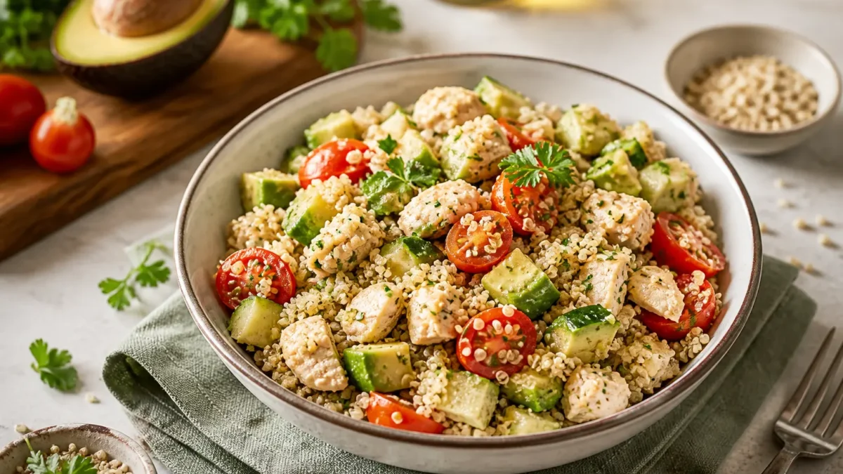 Insalata di quinoa con pollo, avocado, pomodorini e cetriolo