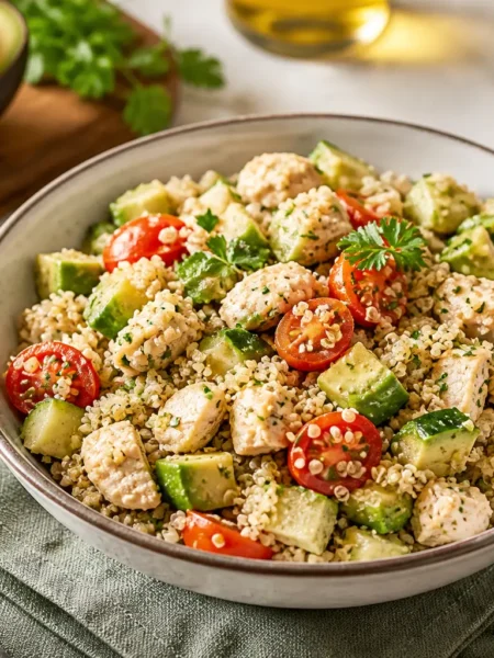 Insalata di quinoa con pollo, avocado, pomodorini e cetriolo