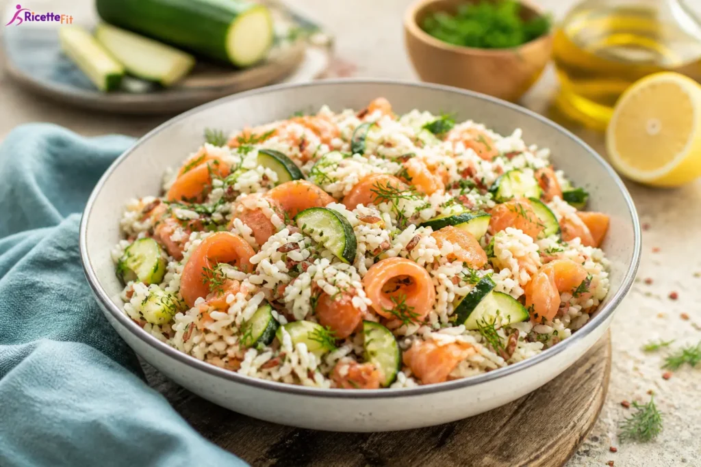 Insalata di riso con salmone affumicato e zucchine grigliate