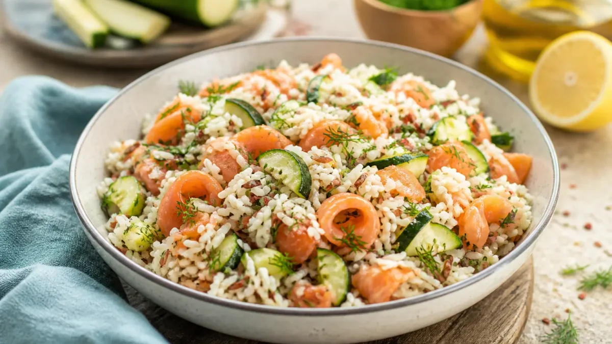 Insalata di riso con salmone affumicato e zucchine grigliate