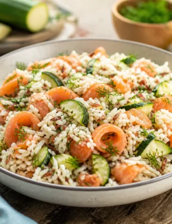Insalata di riso con salmone affumicato e zucchine grigliate
