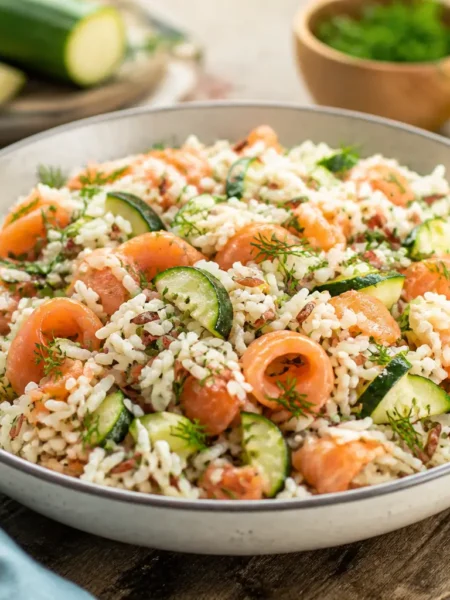 Insalata di riso con salmone affumicato e zucchine grigliate