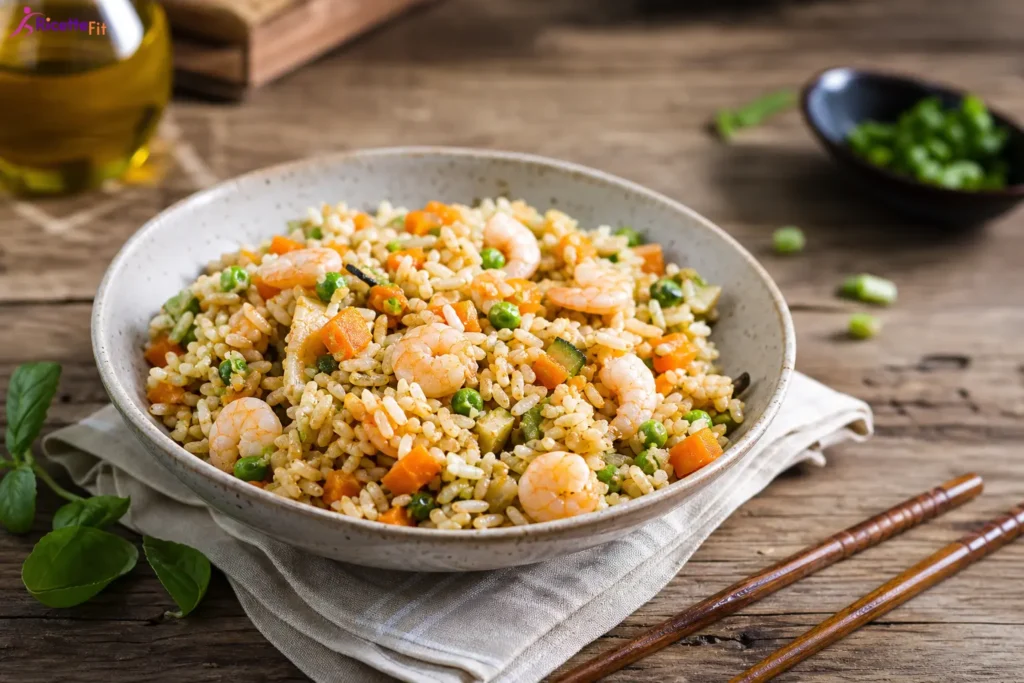 Insalata di riso con verdure e gamberi in ciotola