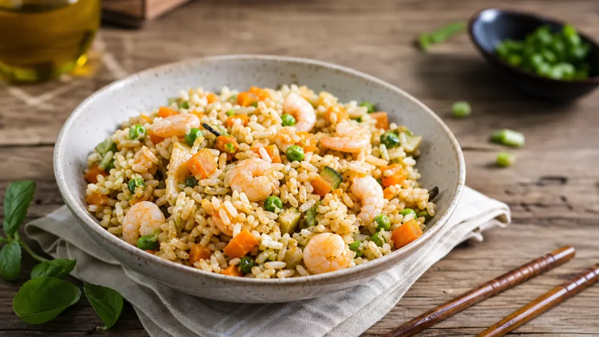 Insalata di riso con verdure e gamberi in ciotola