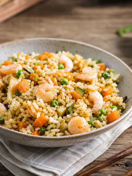 Insalata di riso con verdure e gamberi in ciotola