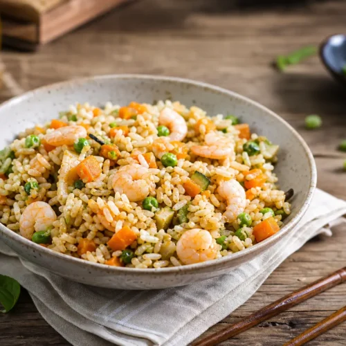 Insalata di riso con verdure e gamberi
