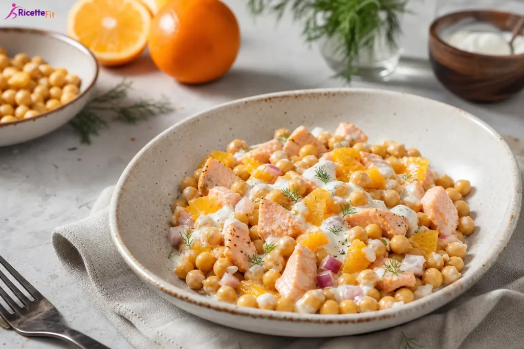 Insalata di salmone, ceci e arancia con salsa yogurt all’aneto
