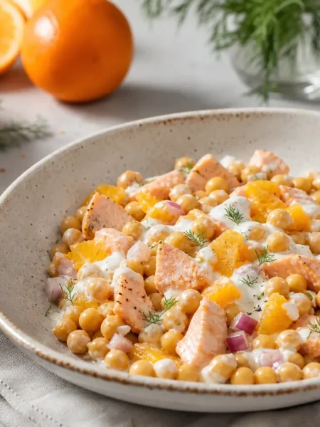 Insalata di salmone, ceci e arancia con salsa yogurt all’aneto