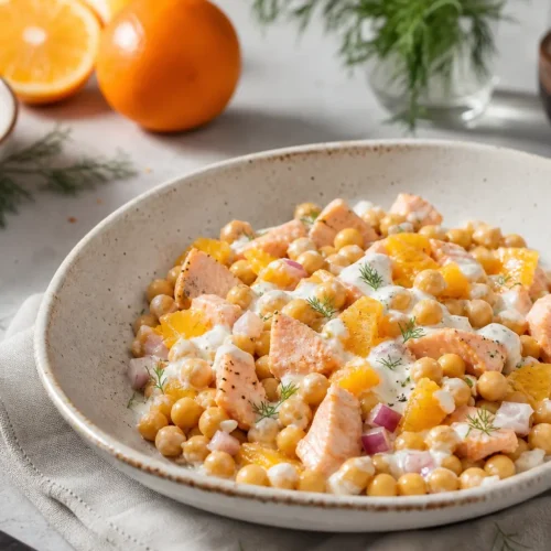Insalata di salmone, ceci e arancia con salsa yogurt all’aneto