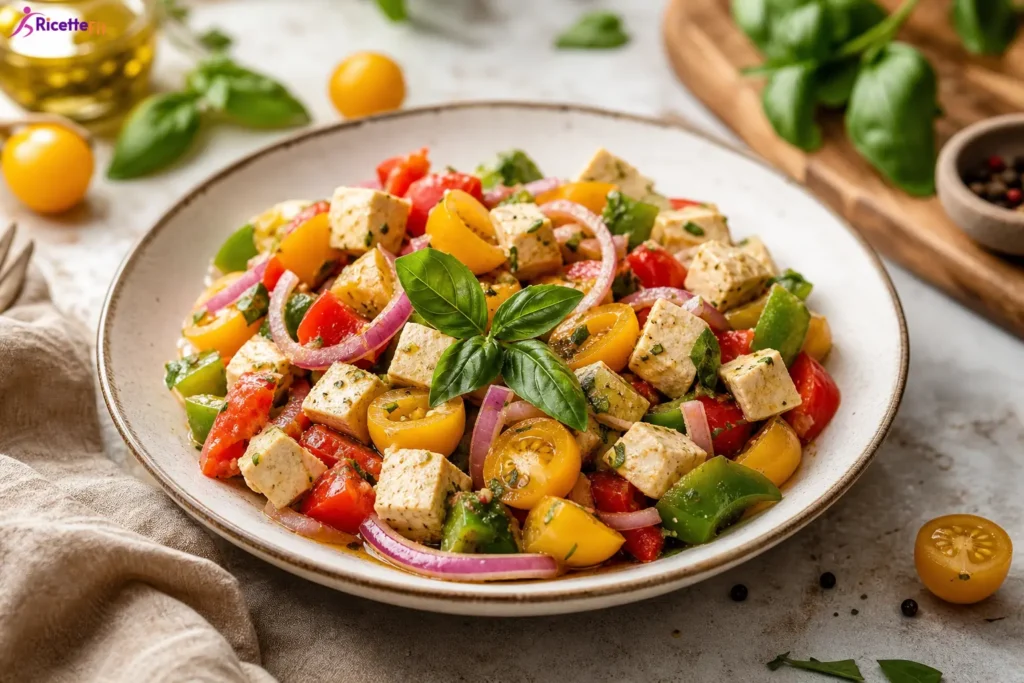 Insalata mediterranea fit con feta light, pomodorini gialli, peperoni e basilico