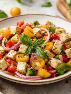 Insalata mediterranea fit con feta light, pomodorini gialli, peperoni e basilico